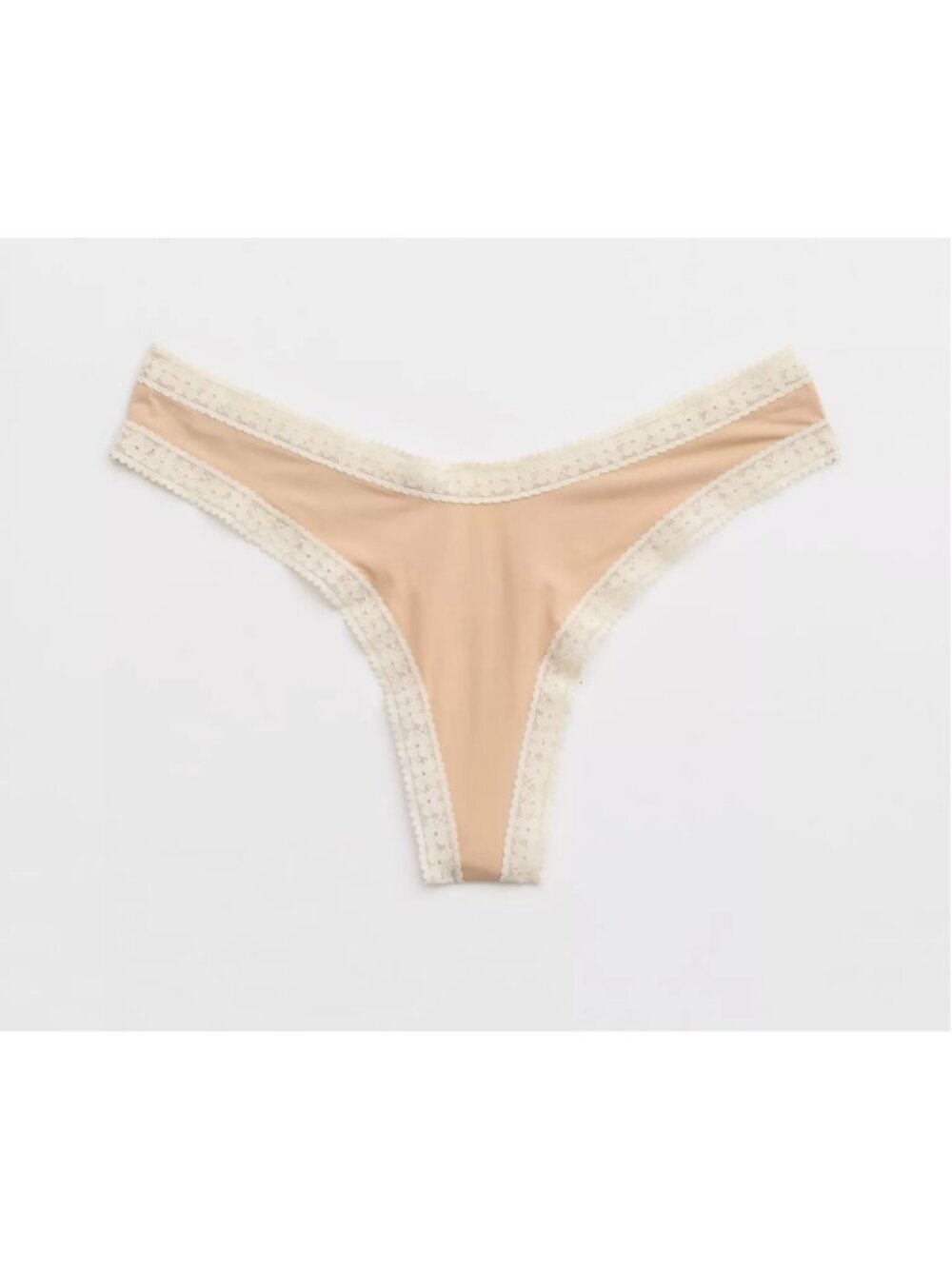 AERIE SMOOTHEZ Microfiber Lace Thong Underwear Panties Sz M Tan White Low Rise